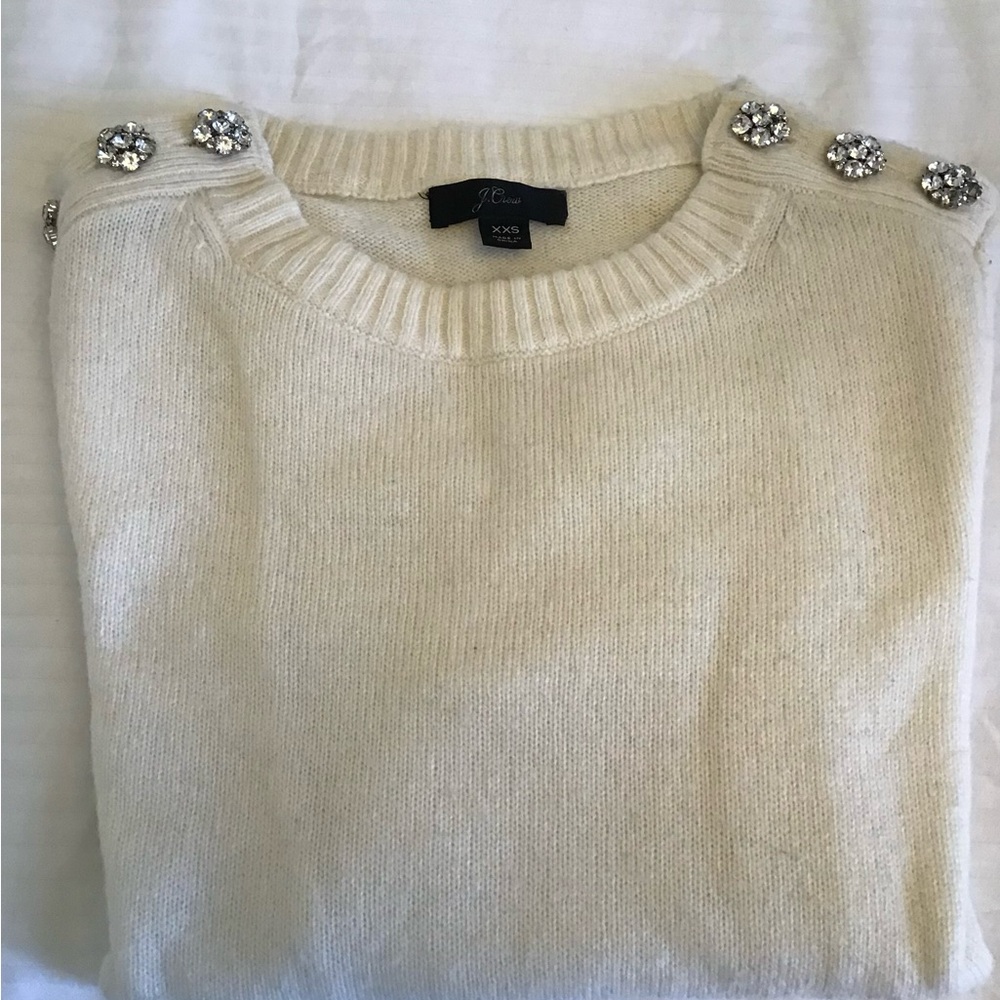 J. Crew Cream Crewneck Sweater with Jeweled Shoulder Buttons